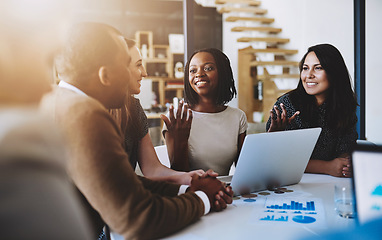 Image showing Business people, conversation and laptop data with planning and strategy in office. Training, communication and online chart with corporate paperwork and working on a teamwork project with diversity