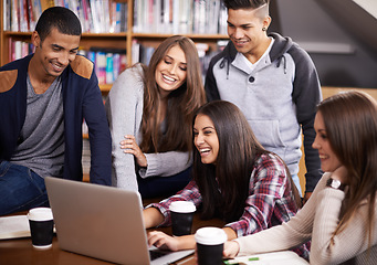 Image showing University, friends and people on laptop laugh for social media in library for project, study and learning. Education, college and happy men and women on computer for knowledge, internet and humour