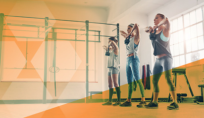 Image showing Fitness, group and women at gym for kettlebell exercise, workout and training. Athlete people together for strong muscle, commitment or challenge at wellness club or class with strength overlay