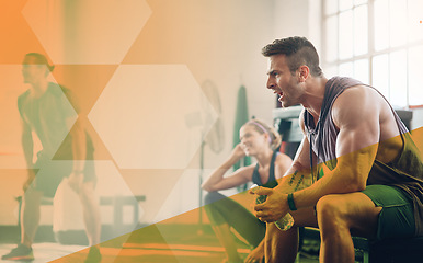 Image showing Fitness, man and shout for motivation at gym with group of people together for exercise. Athlete men and women team for power challenge, commitment and support at a club with a mockup overlay