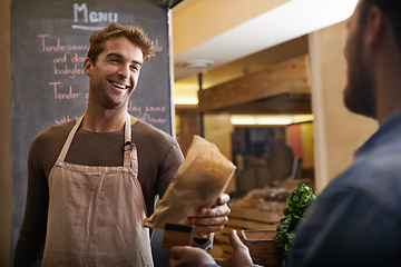 Image showing Man, cafe and customer paying for food or sandwich sale at supermarket or entrepreneur stall. Retail, male store owner or buyer at a restaurant for snack or business owner and shopping experience