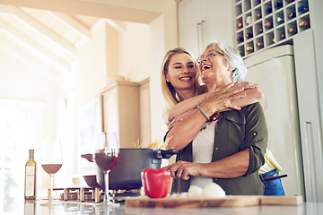 Image showing Hug, mother or happy woman cooking food for a healthy vegan diet together with love in family home. Smile, embrace or adult child hugging or helping senior mom in house kitchen for lunch or dinner