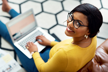 Image showing Planning, portrait and woman on laptop screen, creative and website design for designer business or research. Happy, young person typing, copywriting and working on computer and relax on carpet floor