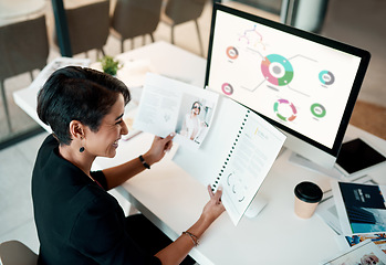 Image showing Happy woman, computer screen and data analytics, documents and planning for e commerce or fashion business. Creative designer or person reading paperwork, portfolio and infographics charts on desktop