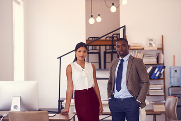 Image showing Portrait, serious people and team in office for collaboration, professional commitment and pride about us with mockup. Focused african man, woman and confident employee partnership in business agency