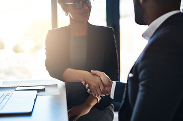 Image showing Hand shake, man and woman in office for agreement, welcome, b2b collaboration or onboarding with respect. Businessman, partnership and shaking hands for human resources, hiring or negotiation meeting