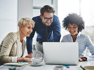 Image showing Laptop, discussion and team in the office while working on a company project. Technology, teamwork and business people doing corporate research in collaboration together with technology in workplace