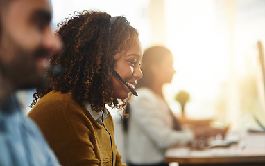 Image showing Coworking, contact us or happy woman in call center consulting, speaking or talking at customer services. Virtual assistant, friendly or sales consultant in telemarketing or telecom company help desk