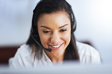 Image showing Communication, face or friendly girl in call center consulting, speaking or talking at customer services. Virtual assistant, happy or sales consultant in telemarketing or telecom company help desk