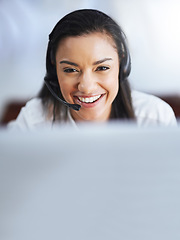 Image showing Face, funny or happy woman in call center consulting, speaking or talking at customer services. Virtual assistant, friendly or sales consultant laughing in telemarketing or telecom company help desk