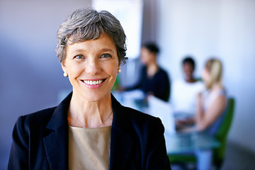 Image showing Portrait, business and woman with a smile, leadership and confident at the office, meeting and professional. Face, female leader and employee with happiness, mentor and startup with management skills