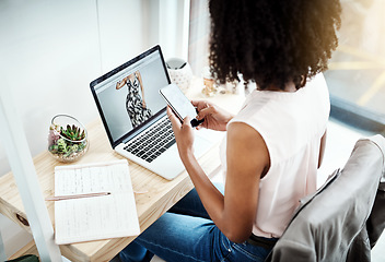 Image showing Laptop screen, phone and fashion woman typing, planning and networking for e commerce, business and creativity. Creative person in rear on mobile app, computer and notebook for clothes design online