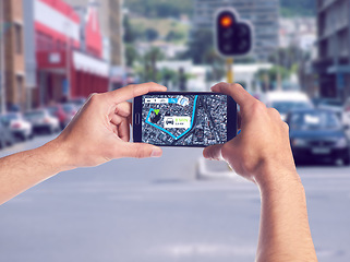 Image showing Hands, smartphone screen and map direction data for city, urban or road travel, location and route. Mobile, person and app information or ux, journey display or navigation, virtual and guide