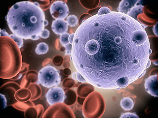 Image showing Microscope, virus and healthy cells with blood, illness and medical issue with body and attack. Illustration, healthcare problem and research for cure, diagnosis and cancer with bacteria and molecule