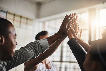 Image showing Fitness, teamwork and high five of people in gym for motivation, support and target. Workout, exercise and training with hands of friends in sports center for team building, challenge and achievement