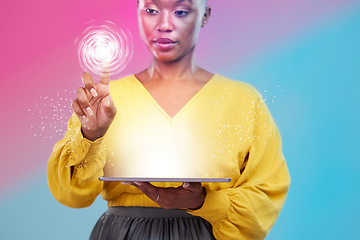 Image showing Tablet, hologram and overlay with a black woman in studio on a neon background for biometrics on a dashboard. Futuristic, digital and ai with a person using a holographic or virtual user interface