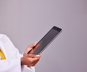 Image showing Connection, showing and hands with a tablet for communication isolated on a studio background. Digital, internet and a woman with technology for social media, reading information or chat on backdrop