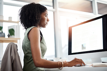 Image showing Corporate, accountant and woman with a computer, charts and planning for feedback, report and check stock market. Female employee, investor and trader with graphs, profit growth and online reading