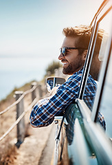 Image showing Road trip, travel and man in window of car driving for adventure, summer vacation and holiday. Transportation, relax and face of male person in motor vehicle for freedom, journey and happy by ocean
