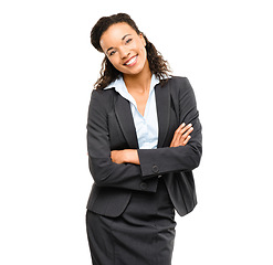 Image showing Business employee, portrait or arms crossed on isolated white background in future ideas, vision goals or success mindset. Smile, happy or confident corporate woman in suit or financial growth target