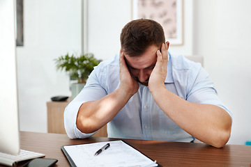 Image showing Stress, headache and business man in office with documents for burnout, mental health risk or depression. Depressed, pain and tired person or employee with fatigue, brain fog or anxiety and paperwork