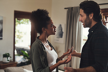 Image showing Frustrated, home and couple with conflict, discussion and marriage fail with fighting, affair and cheating. Partners, man and woman with stress, relationship issue or argument with breakup or divorce