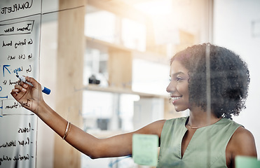 Image showing Business, glass wall and black woman writing, strategy or planning in office. Brainstorming, board and happy female person write, working on project and schedule, mindmap or information in workplace.