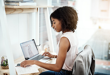 Image showing Computer, phone and creative woman in office planning, productivity and brainstorming notes for business startup. Young African person with multimedia technology, laptop and notebook for design ideas