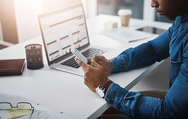 Image showing Closeup, hands and man with a smartphone, business and typing with communication, network and contact. Male person, employee or consultant with a cellphone, mobile app and connection for social media