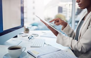 Image showing Business woman scroll tablet, schedule at desk and notebook, calendar app and plan daily tasks at corporate firm. Professional female person, digital agenda and search scheduling information online