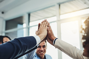 Image showing Hands together, high five and team, business people with support and achievement, deal and success in collaboration. Group of employee, winning in meeting and teamwork with community and mission