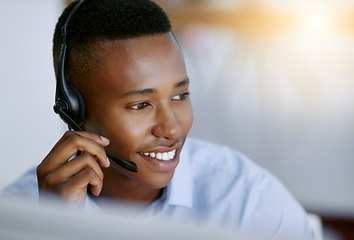 Image showing Virtual assistant, mic or happy black man in call center consulting or talking at customer services. Communication, friendly smile or face of African sales agent in telemarketing or telecom help desk