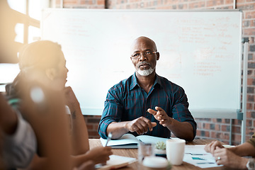 Image showing Business people, meeting and leadership of black man in office, talking or speaking. Teamwork, ceo and senior African male professional brainstorming, collaboration or planning strategy in workplace.