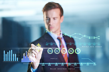 Image showing Business, futuristic and man with hologram, digital interface and planning with charts. Male person, employee and entrepreneur with information, interactive or future with ideas, innovation or profit