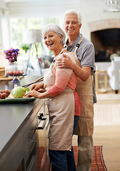 Image showing Cooking, food and portrait of old couple in kitchen for salad, love and nutrition. Happy, smile and retirement with senior man and woman cutting vegetables at home for health, dinner and recipe