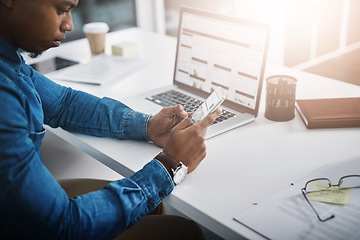 Image showing Closeup, business and African man with a smartphone, typing and connection for social media. Male professional, consultant and employee with a cellphone, mobile app and communication in the workplace