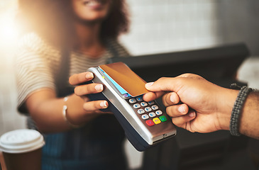Image showing Payment, credit card and hands of people in coffee shop for fintech, shopping and digital transaction. Technology, retail and sale with closeup of customer and waiter for pos machine, cafe and store