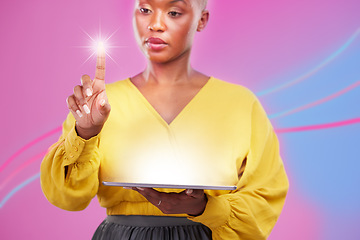 Image showing Tablet, 3d and overlay with a black woman user in studio on a neon background for biometrics on a dashboard. Futuristic, digital and ai with a person using a holographic, virtual or ai interface