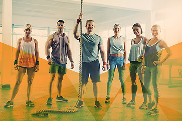 Image showing Fitness group, gym portrait and overlay for exercise, workout and training with a rope. Diversity sports men and women together for power, energy and muscle motivation at a health and wellness club