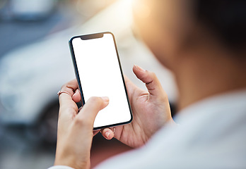 Image showing Mockup screen, phone and hands of woman in city for networking, online website and social media ui. Communication, mobile app and female person on smartphone for promotion, copy space and branding