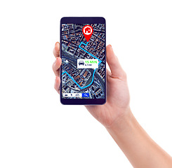 Image showing Map, hand of person holding smartphone and location showing on digital gps in white background. Technology or tracking, cellphone with spot or position of vehicle or car and in studio backdrop