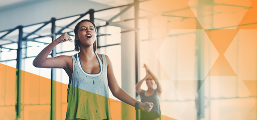 Image showing Fitness, gym and a woman celebrate exercise, workout and training goals or success. Sports person happy about banner overlay space for power challenge, win or achievement at health and wellness club