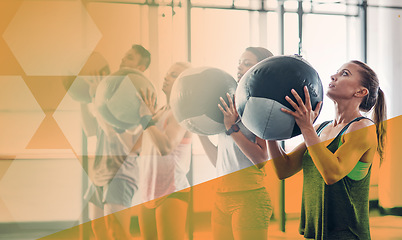 Image showing Medicine ball, group of people and fitness exercise at gym for strong muscle and commitment. Athlete women and a man together for training workout or power challenge with overlay at a diversity club