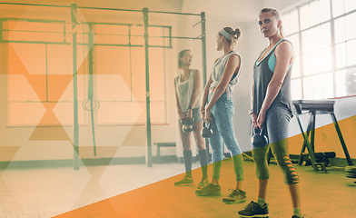 Image showing Fitness, portrait and woman with a kettlebell at gym for exercise, workout and training. Athlete women group together for strong muscle, weight or power challenge at wellness club with mockup overlay