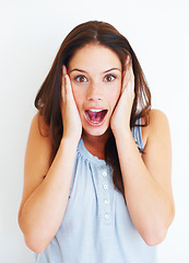 Image showing Portrait, surprise and shocked woman in studio isolated on a white background. Wow, omg and face of female person with surprised expression, emoji and unexpected news, announcement or secret gossip.