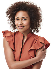 Image showing African woman, business fashion and portrait with natural hair and beauty in a studio. Isolated, white background and young female person with a smile and happiness looking proud with work dress