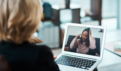 Image showing Video call, laptop and online therapy by therapist talking to a depressed person with telehealth for anxiety or mental health. Virtual, psychology and psychologist counseling a woman with depression