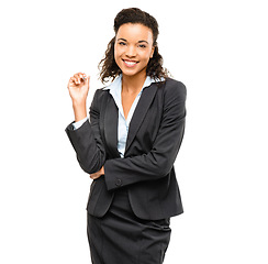 Image showing Business woman, portrait or fashion suit on isolated white background with future ideas, vision goals or success mindset. Smile, happy or confident corporate worker with financial growth or security