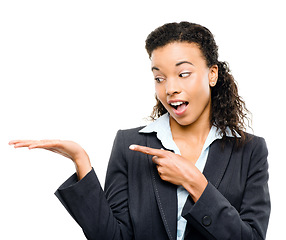 Image showing Surprised business woman, hand or pointing in promotion mock up, advertising deal or marketing product placement. Shocked, wow or corporate worker and palm finance mockup on isolated white background