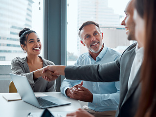 Image showing Handshake, business meeting and teamwork collaboration, b2b conversation or hr hiring in modern office. Company recruitment, business people and congratulations, shaking hands or partnership deal